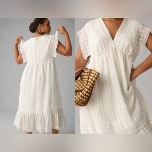 Anthropologie V-Neck Ruffled Tiered Babydoll Dress White